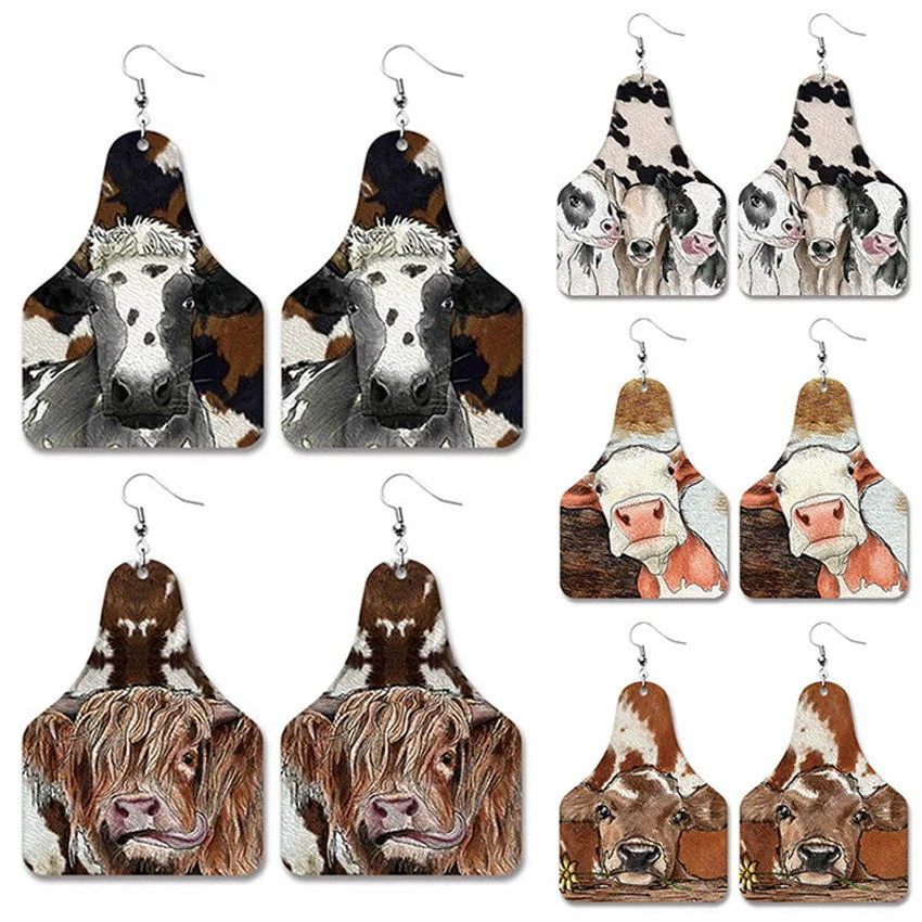 West Cowgirl Cow Print PU Leather Cow Tag Earrings for Women Jewelry Wholesale
