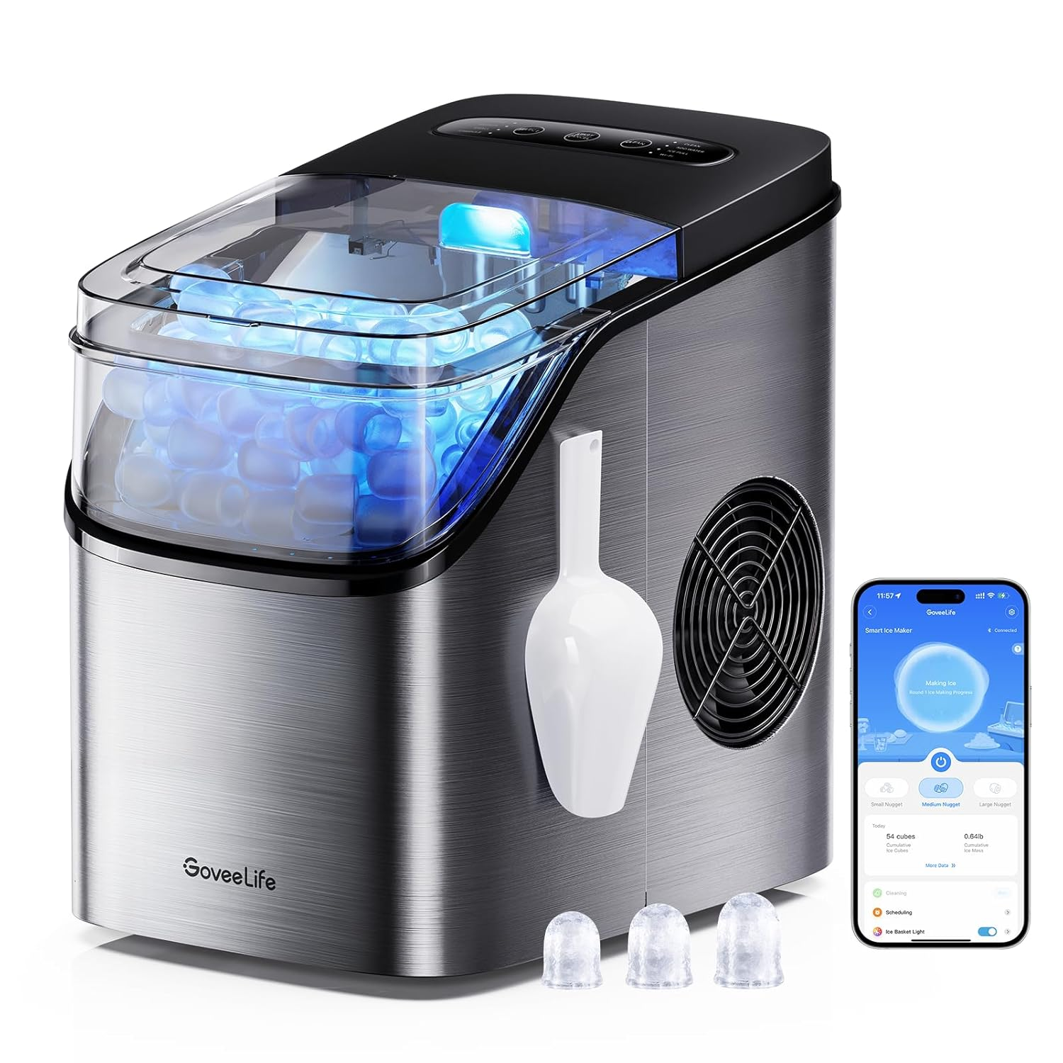 Portable Silver Countertop Ice Maker Makes 9 Cubes in 6 Minutes 26Lbs per Day