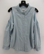 Rails Top Women Small Petites Blue Button Up Blouse Cold Shoulder Denim Preppy *
