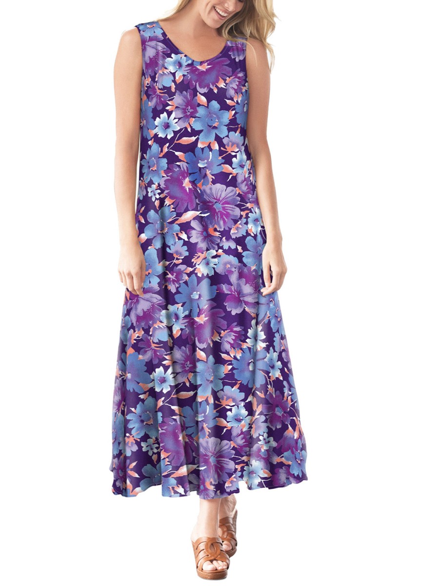 MAXI DRESS Woman Within PURPLE FLORAL Print Sleeveless Crinkle Sizes 14 to  44/46