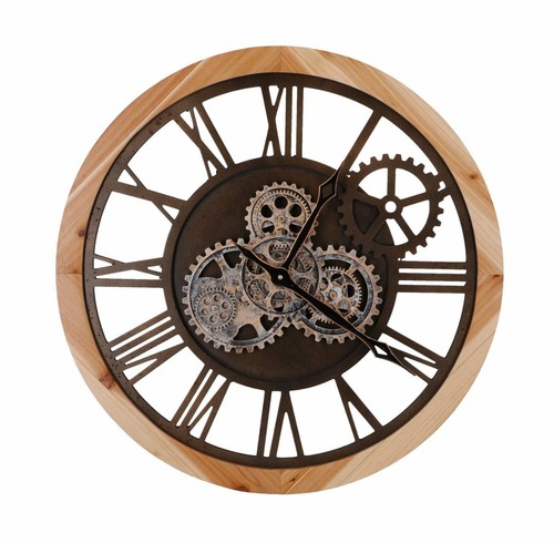 Orologio per muro di legno ingranaggi a vista numeri romani in ferro da  parete | eBay