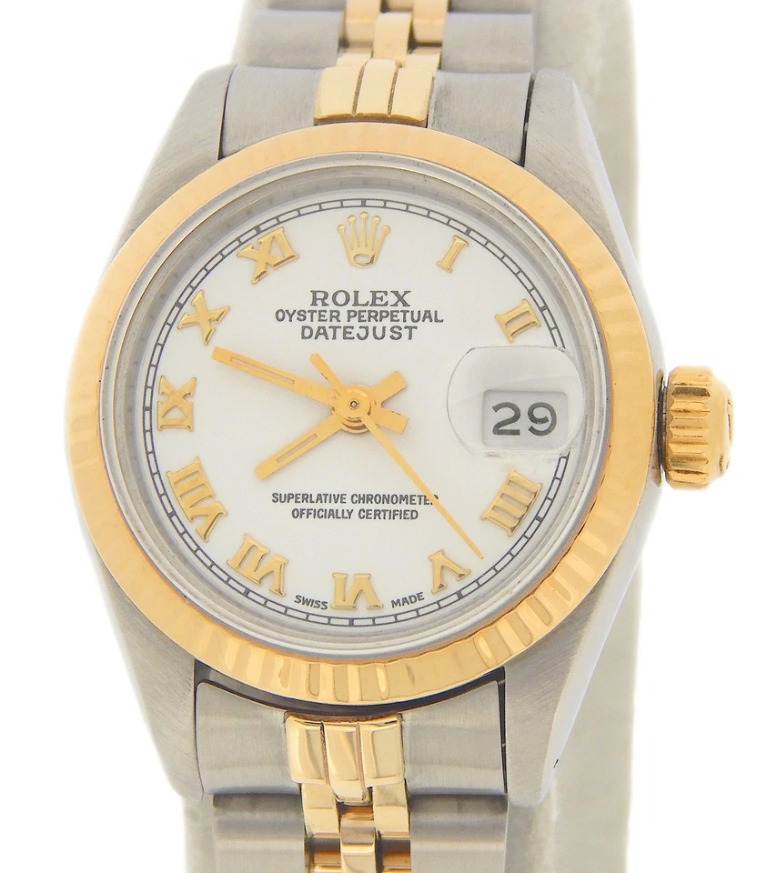 Rolex Datejust Damas 2 Tonos Oro Amarillo 18K y Acero Reloj Blanco Esfera Romana 69173