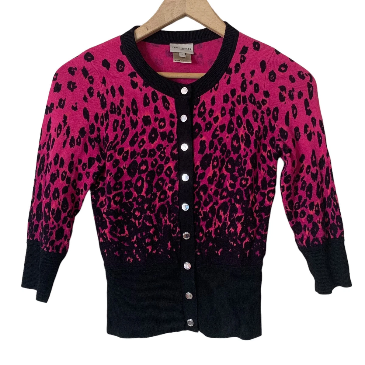 Karen Millen Size 1 Pink Black Cheetah Print Cardigan Sweater Button Up 3/4 Slv