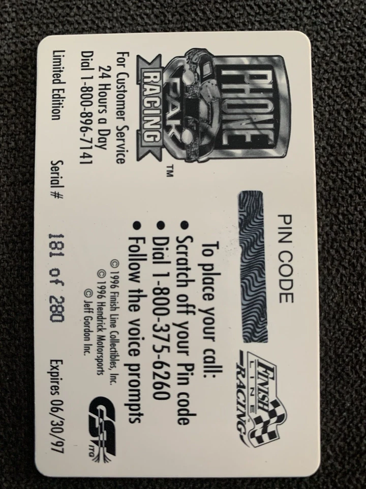 Phonepak 1996 $100 Jeff Gordon - limited Edition - 181/280 Unscratched - Image 2 of 2