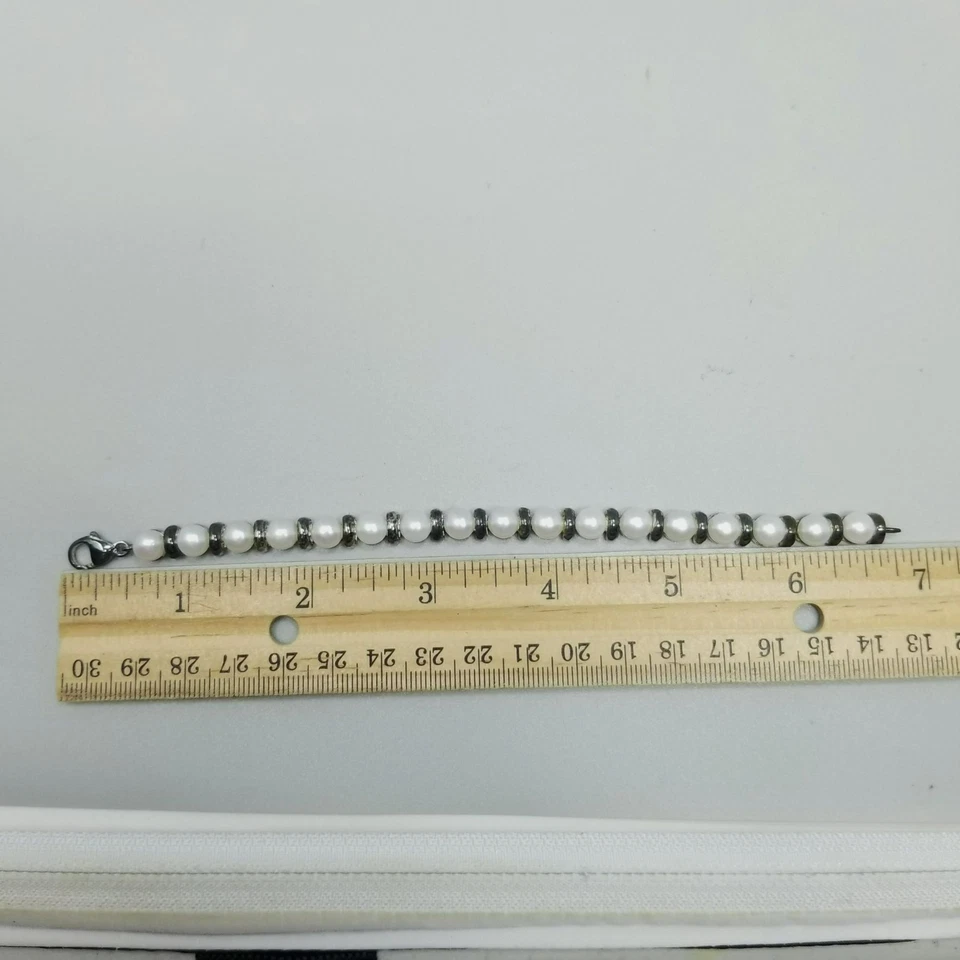 Brazalete vintage de plata de ley de perlas blancas cultivadas de 6 1/2 pulgadas de largo Foto 2 de 4
