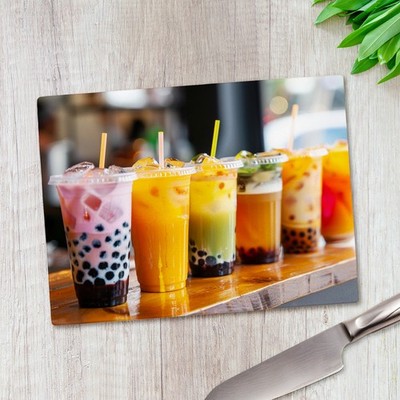 Auswahl Boba Bubble Tea Glas Schneidebrett Groß Küche Arbeitsplatte Sparer