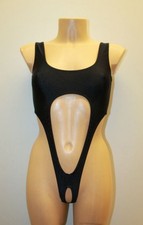 Women Thong Leotard 201-55 Open Front and Back Hole Crotch Black Spandex Size S