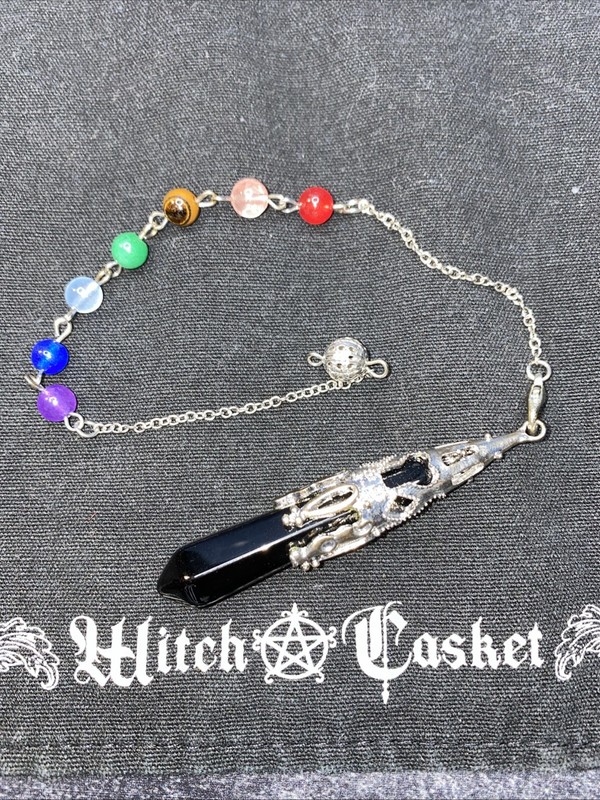 Black Obsidian Pendulum Shakra Gemstone Divination Healing 11.5” Total Length.
