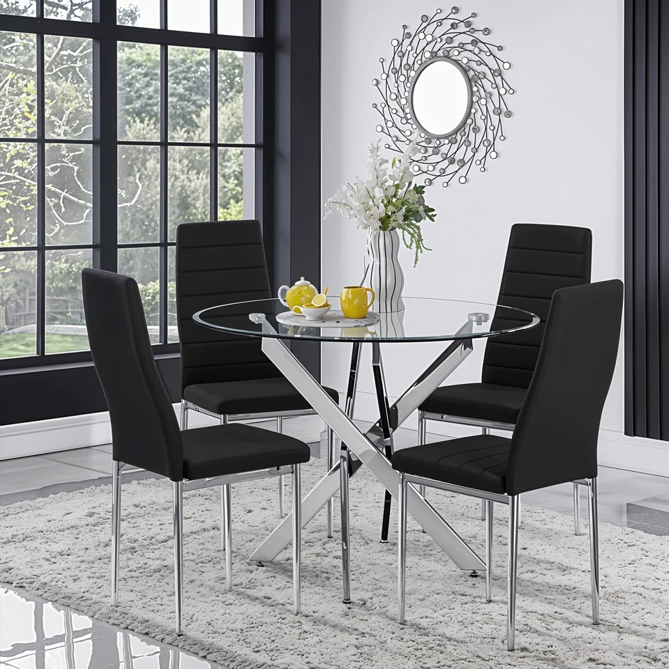 100cm Round Glass 4 Seater Dining Table and Chairs for Kitchen & Dining Room - Image 2 of 4