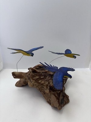 John Perry 3 Blue/Yellow Macaws In Flight Sculpture Art Burl Wood