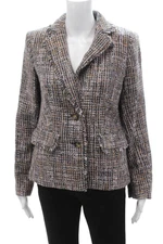 Donna Karan New York Women Brown Check Blazer Button Longsleeve Size 4