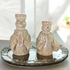 Vintage Artist Signed Primative Folk Art Stoneware Figural Bottle Vase Set OOAK