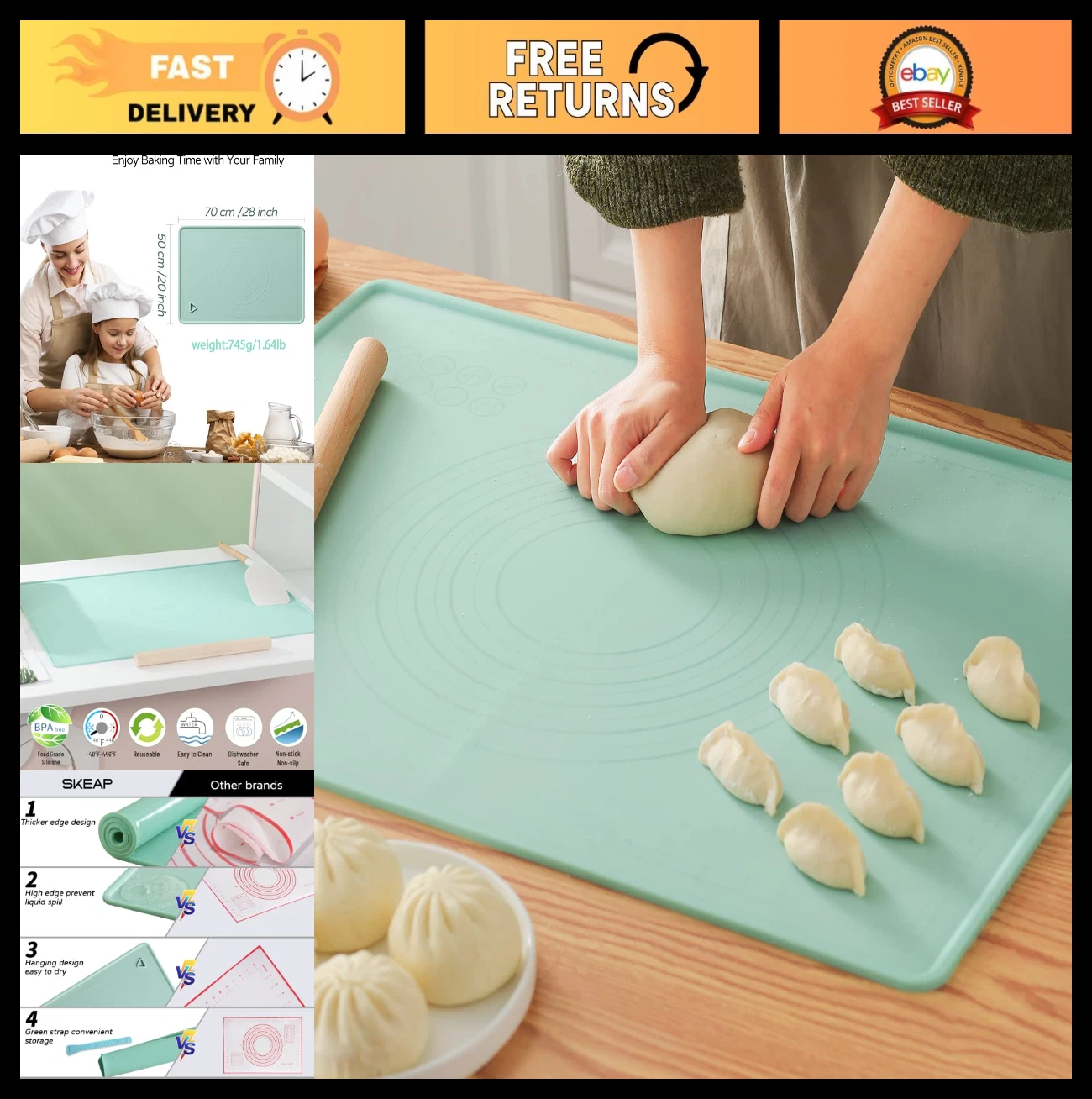 Extra Large Silicone Baking Mat 20"x28" Non-Stick Food Grade Dough Rolling Mat,