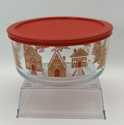 Pyrex 4 cup GINGERBREAD VILLAGE Bowl Holiday Storage Candy House Trees