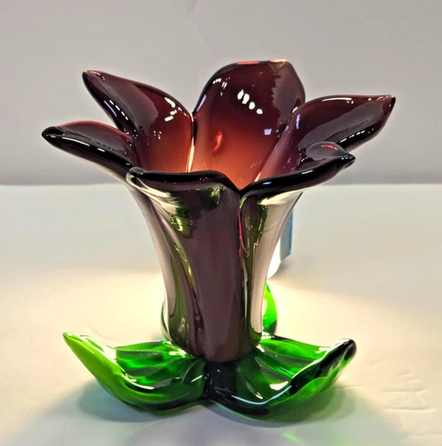 murano style art glass flower vase or candle holder aubergine green 4in
