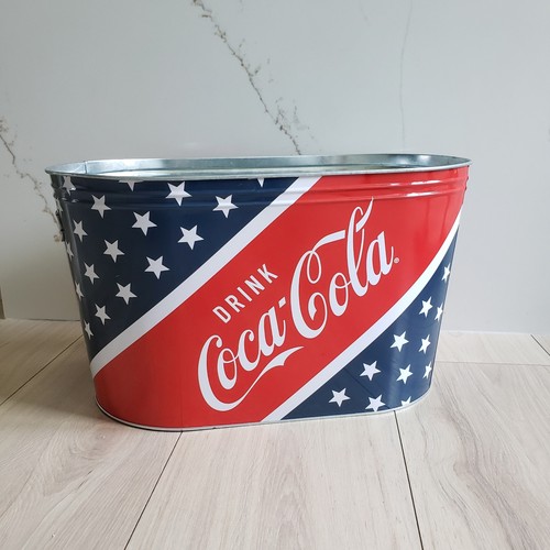 Coca Cola Beverage Tin Tub Red White Blue Americana Stars Ice Bucket 14x9