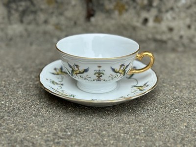 Richard Ginori Tea Cup Saucer Maiolica Birds Of Paradise Italy Gold Trim