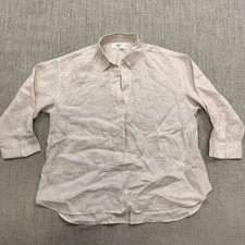 Uniqlo Tunic Women S Beige Striped 100% Linen Split Neck 3/4 Sleeve Top 475650