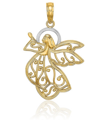 14K massiver Gelbgold filigraner großer fliegender Engelsflügel Anhänger Halskette 26,4 mm