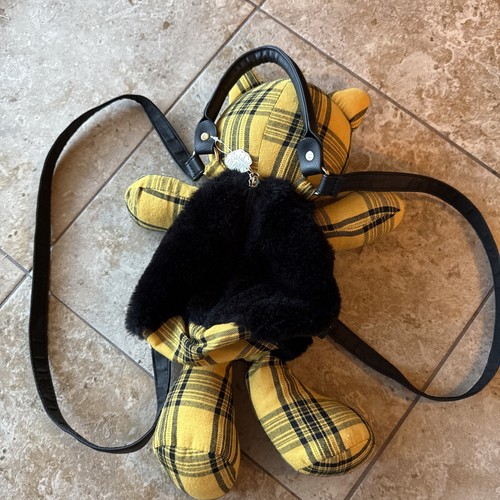Betsey Johnson Black Faux Fur Yellow Plaid Cat Small Zip Backpack EXCELLENT - Picture 2 of 4