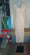 Beige Knit Bodycon Dress Long Sleeve V-Neck Eyelet Midi Women's