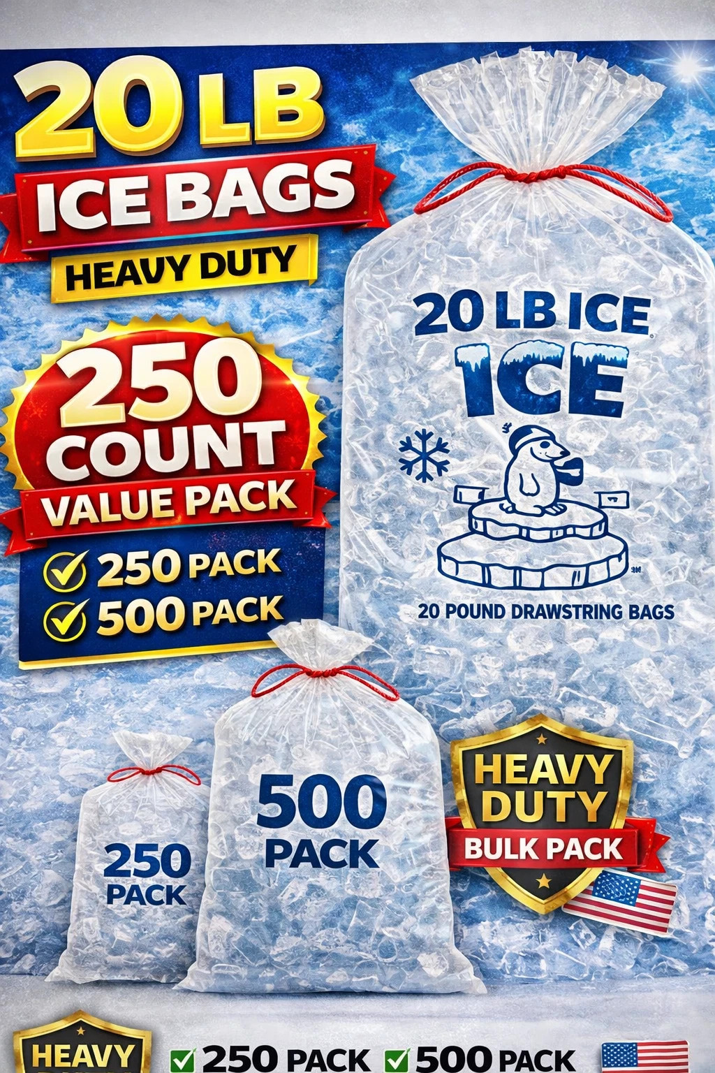 20 lb Ice Bags Drawstring Heavy Duty Bulk 250 500 Pack VALUE