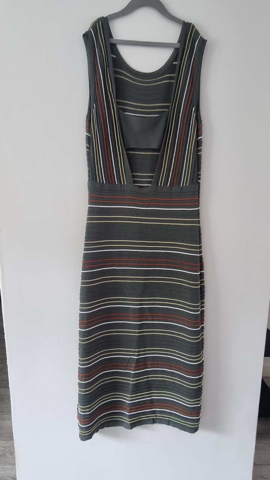 Next Khaki Green Stripe Knit Maxi Dress 12 Sleeveless Open Back Stretch Party image 8