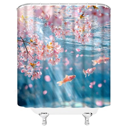 Cherry Blossom Shower Curtain 70x70 Inch - Japanese Anime Floral Bathroom Decor With Hooks