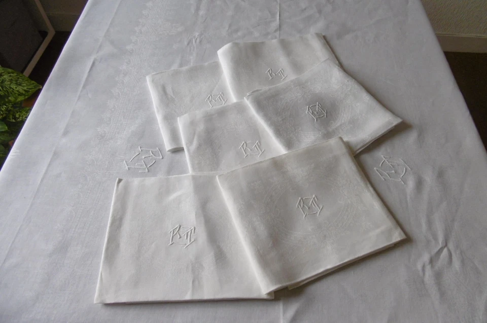 Nappe 240 x 180 cm DOUBLE MONOGRAMME et 6 serviettes en LIN damassé - Photo 2/4