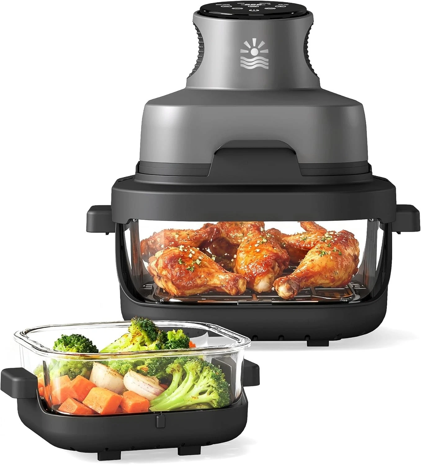 Oylus 4-in-1 Portable Glass Air Fryer Gray Dual Glass Container 1500W - 5.8 Qt