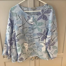 Habitat  Rayon Blend 3/4 Sleeve Boxy Floral Top Size L Blue Ruched