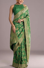 Green Saree With Zari Jaal Weave And Stone Embellishments