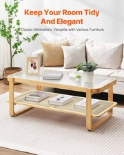 Rattan Coffee Table, Rectangle Rattan Woven Wood Coffee Table with Tempered Glas