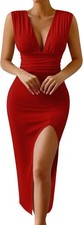 New Women's Size Medium Summer Plunge V Neck Sleeveless High Side Long Red Dress