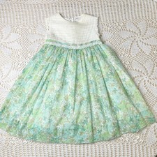Vintage 1960s Girls 7 Spring Green Floral Semi Sheer Sleeveless Dress