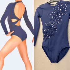 Custom solo Dance Costume navy blue Twist Long Sleeve Leotard modest IC 7/8