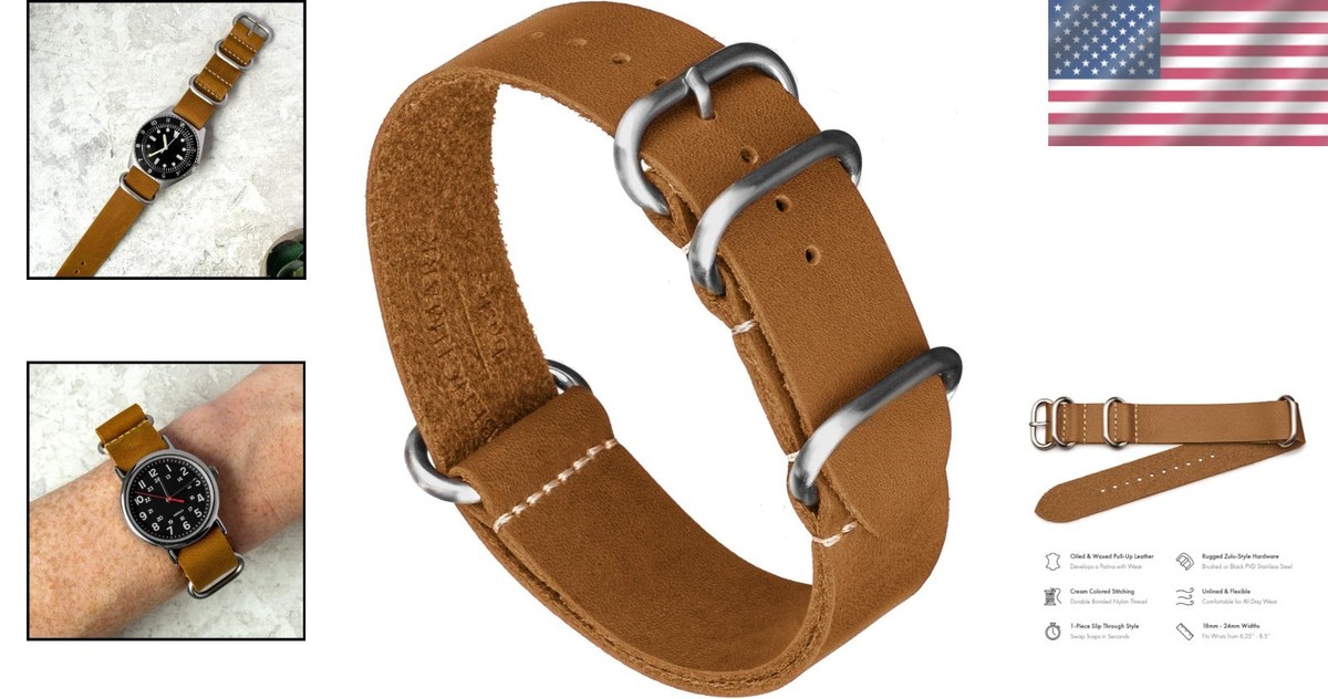 Versatile Zulu Style Watch Strap - Crazy Horse Leather, 20mm Sand