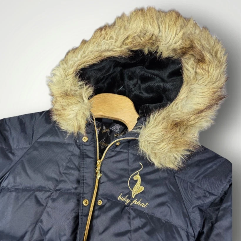 Vintage Y2K Baby Phat Girls L Down Puffer Jacket Coat Belted Faux Fur Hood Logo - Image 3 of 4