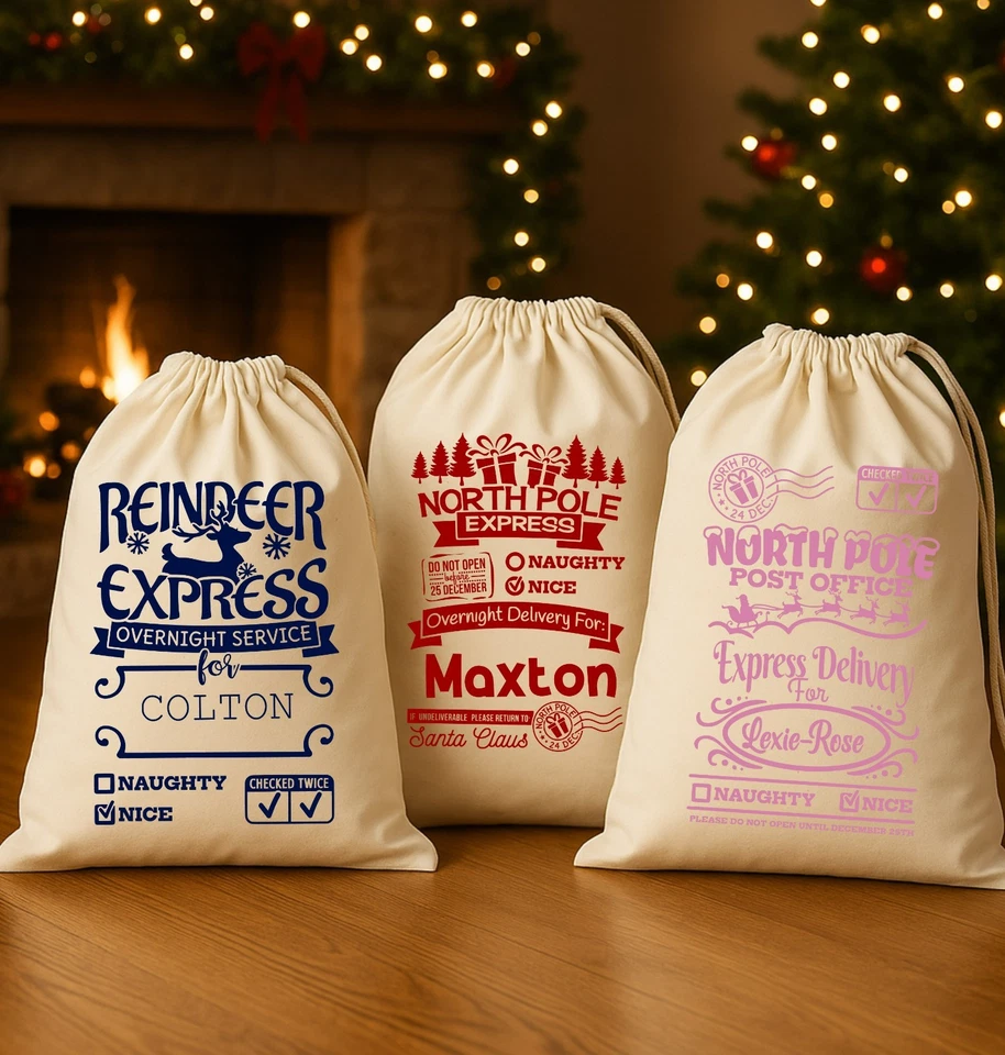 PRETTY LITTLE CUSTOMS Personalised Santa Sack Christmas Gift Bag for Custom Name 10 designs