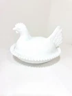 Vintage Indiana Glass White Milk Glass Hen on Nest 7" Beaded Rim Candy Dish HON