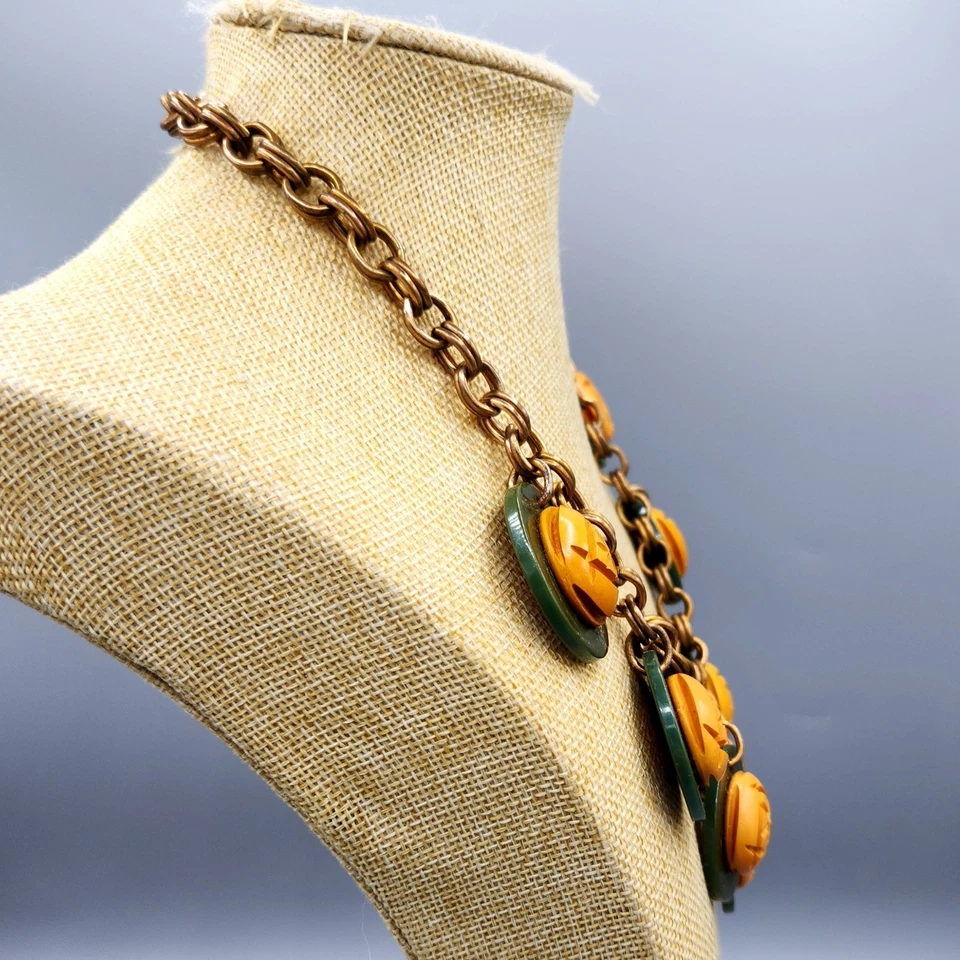Green Spinach & Carved Butterscotch Bakelite Coin Charm Brass Chain Necklace 20" - Image 4 of 4