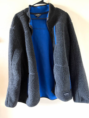 Eddie Bauer Men's Gray/Blue Full-Zip Fleece Jacket Stand-Up Collar XL Mid-Length