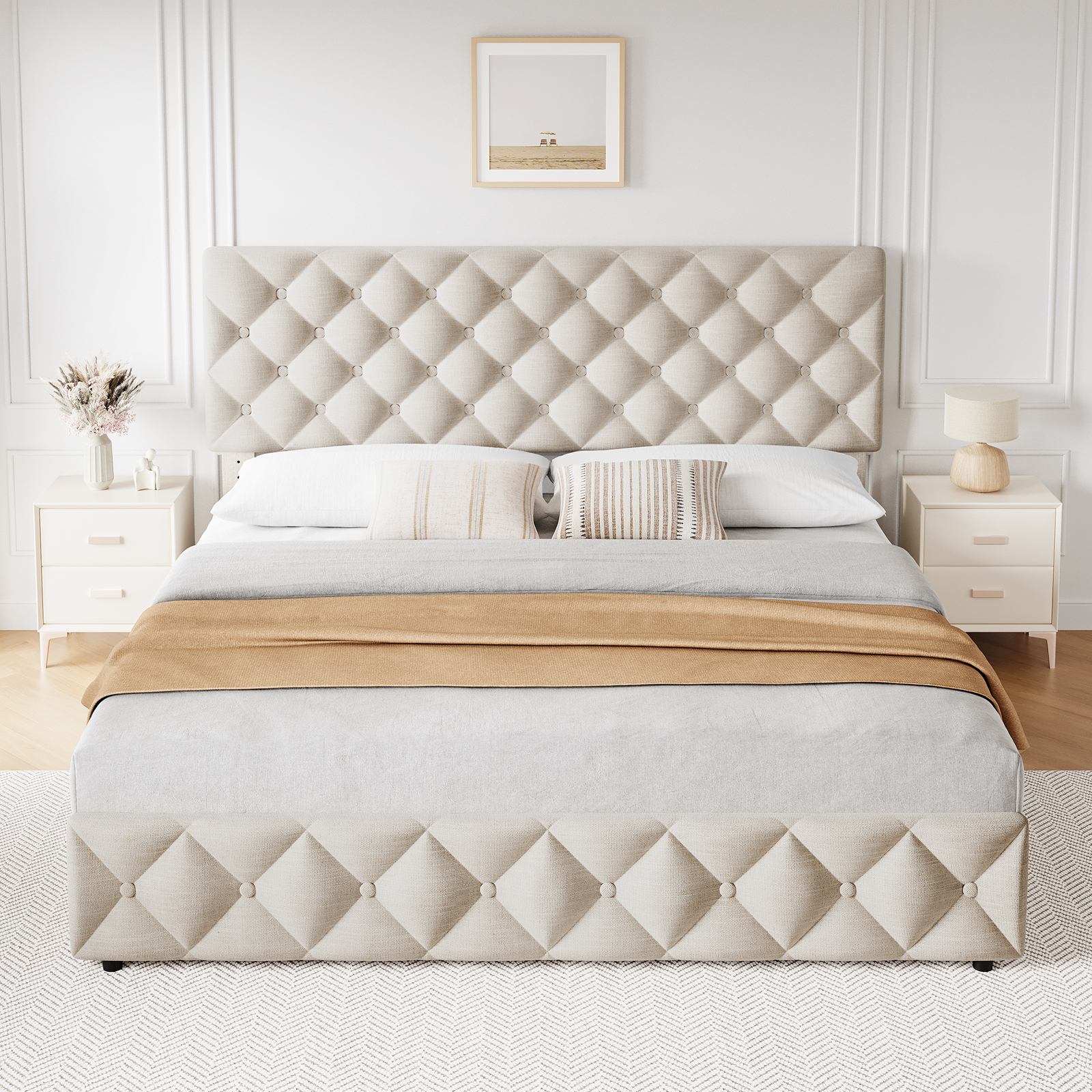Bed Frame With 4 Storage Drawers, Linen Upholstered Beige Platform Bed Frame-image