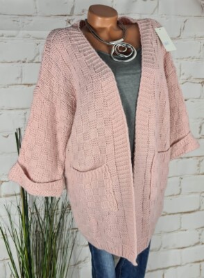 NEU KNIT WEAR ITALY GROBSTRICK JACKE CARDIGAN 3/4 ÄRMEL KAROMUSTER ROSA 36-42