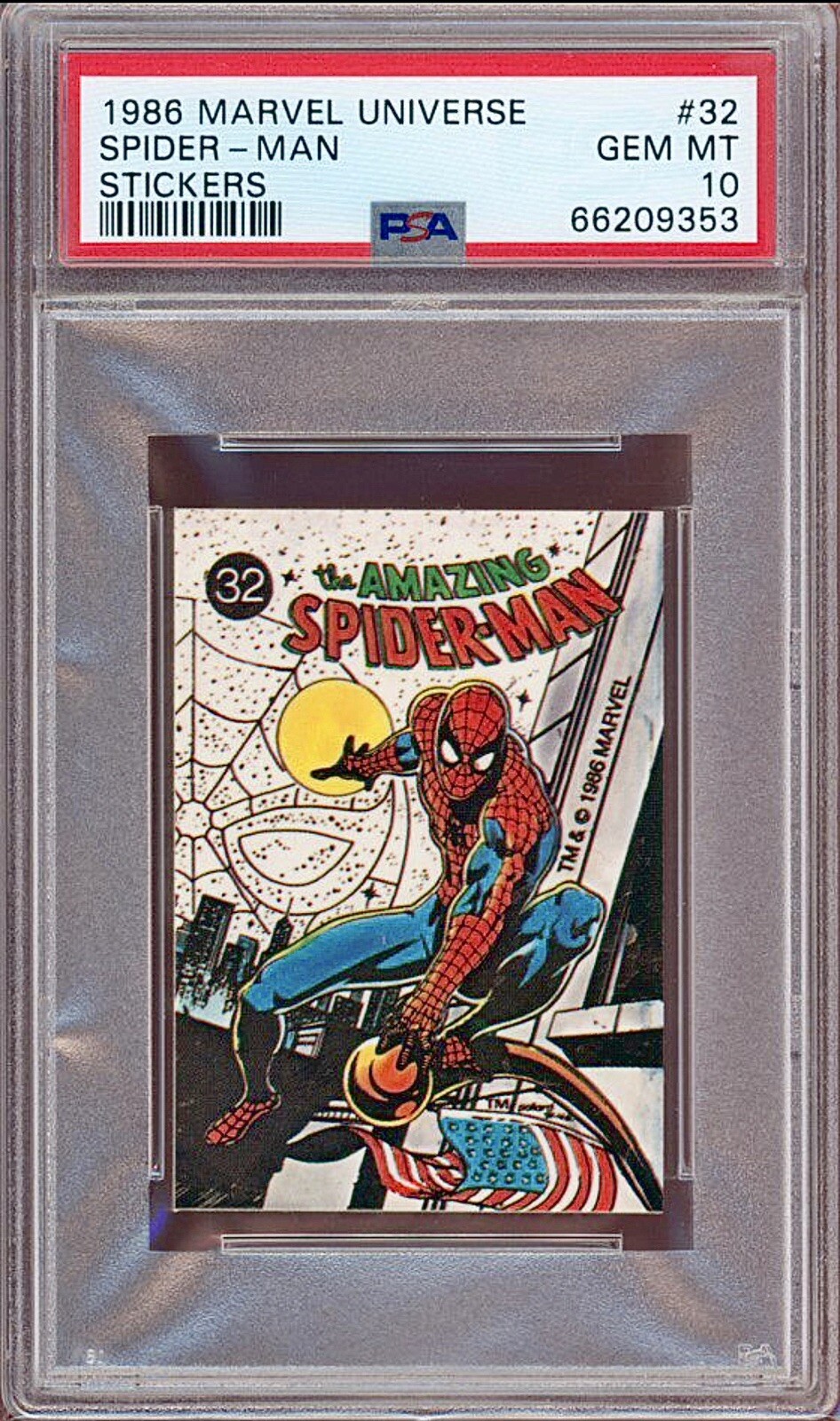 1986 Marvel Universe Stickers #32 Spider-Man PSA 10 🌟 VHTF🔥RARE🔥
