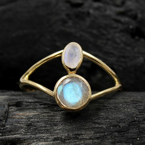 Labradorite & Moonstone Christmas Gift Ring Solid 925 Sterling Silver Jewelry - Picture 2 of 12