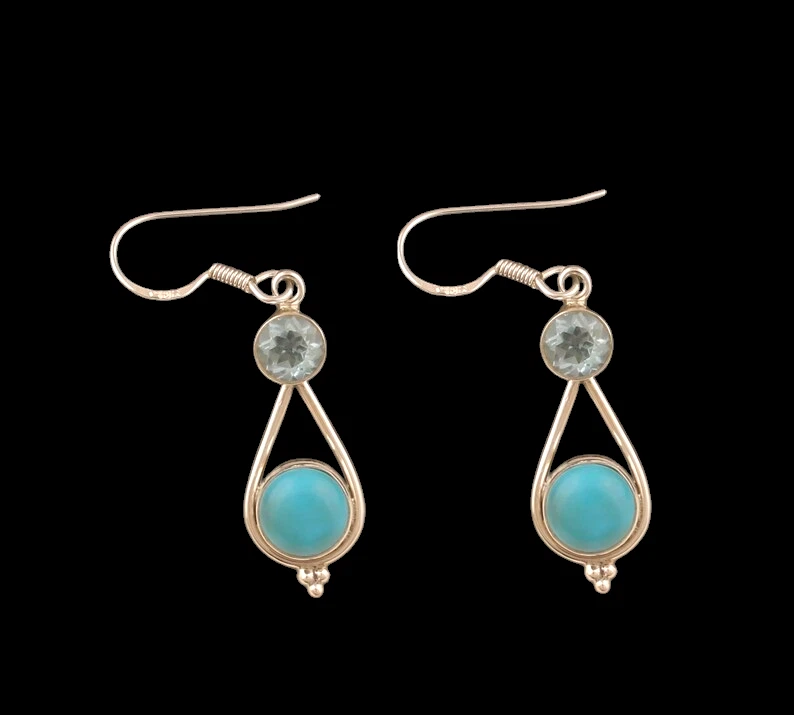 Pendiente Turquesa Plata 925, Pendiente Plata Amatista Verde, Pendiente Lágrima Gancho Foto 3 de 4