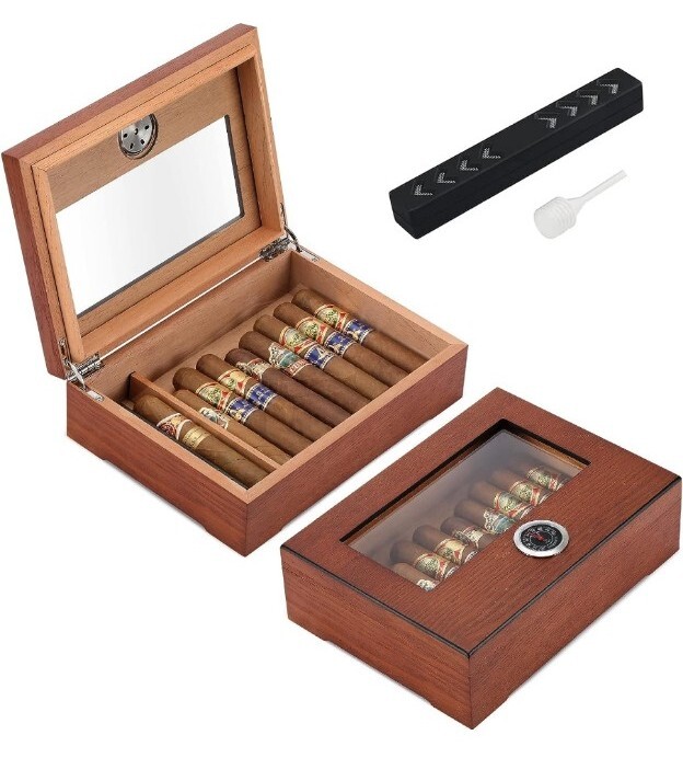 TISFA Cigar Humidor, Glass Top Cigar Box with Hygrometer Humidifier, CEDAR 