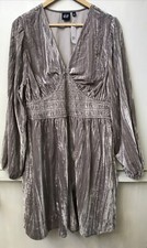 Gap Velour Smocked Mini Dress Long Sleeve V- Neck Silver Gray Size Large NWT