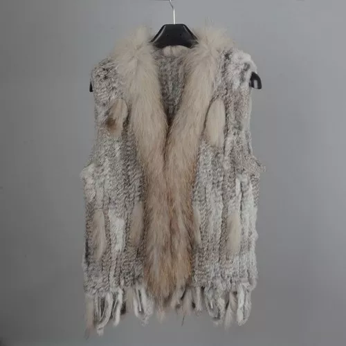 Fashion Lady Real Rabbit Classic Knitted Fur Vest Raccoon Collar Gilet Womens - Picture 26 of 39